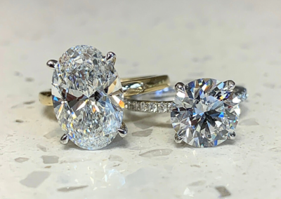 High-end custom white gold oval diamond engagement ring, Leduc Goldsmiths