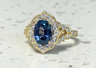 Luxury custom white gold blue sapphire & diamond halo engagement ring, Leduc