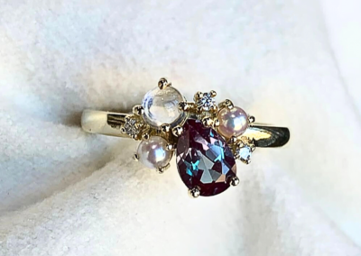 Fine custom yellow gold cluster ring with mixed gemstones, handcrafted Leduc, AB