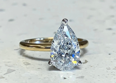 Luxury yellow gold pear-shaped diamond engagement ring design, Leduc, AB