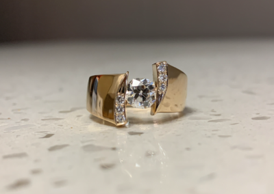 Bespoke yellow gold wide band ring with diamond accents, Leduc Goldsmiths